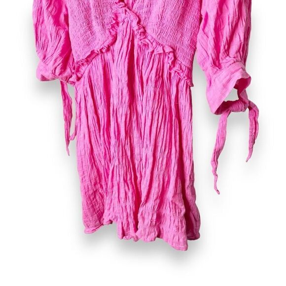 Lovers + Friends Finnegan Hot Pink Fuchsia Smocked Mini Dress V Neck Ruffle XS - Picture 5 of 8